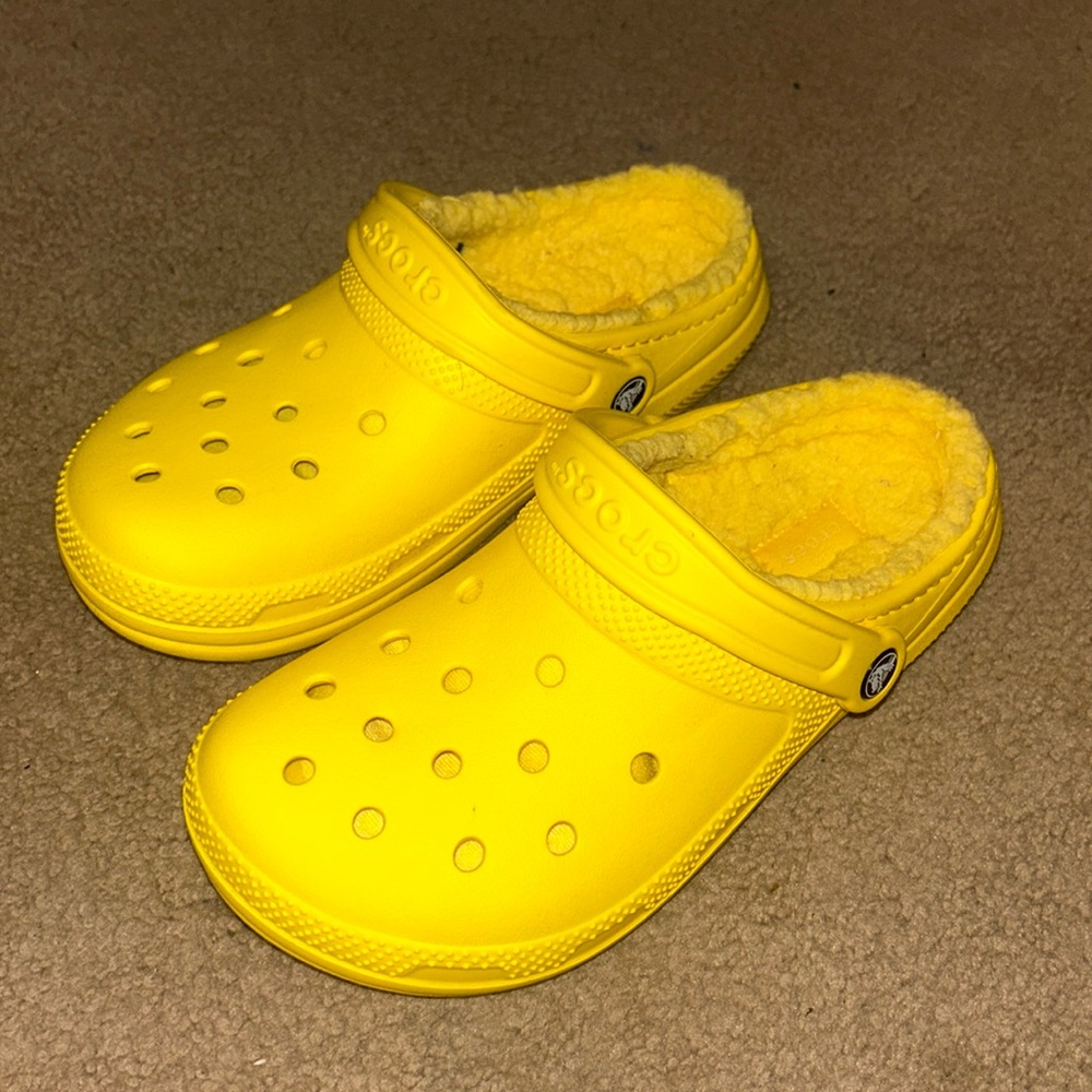 Yellow fuzzy crocs